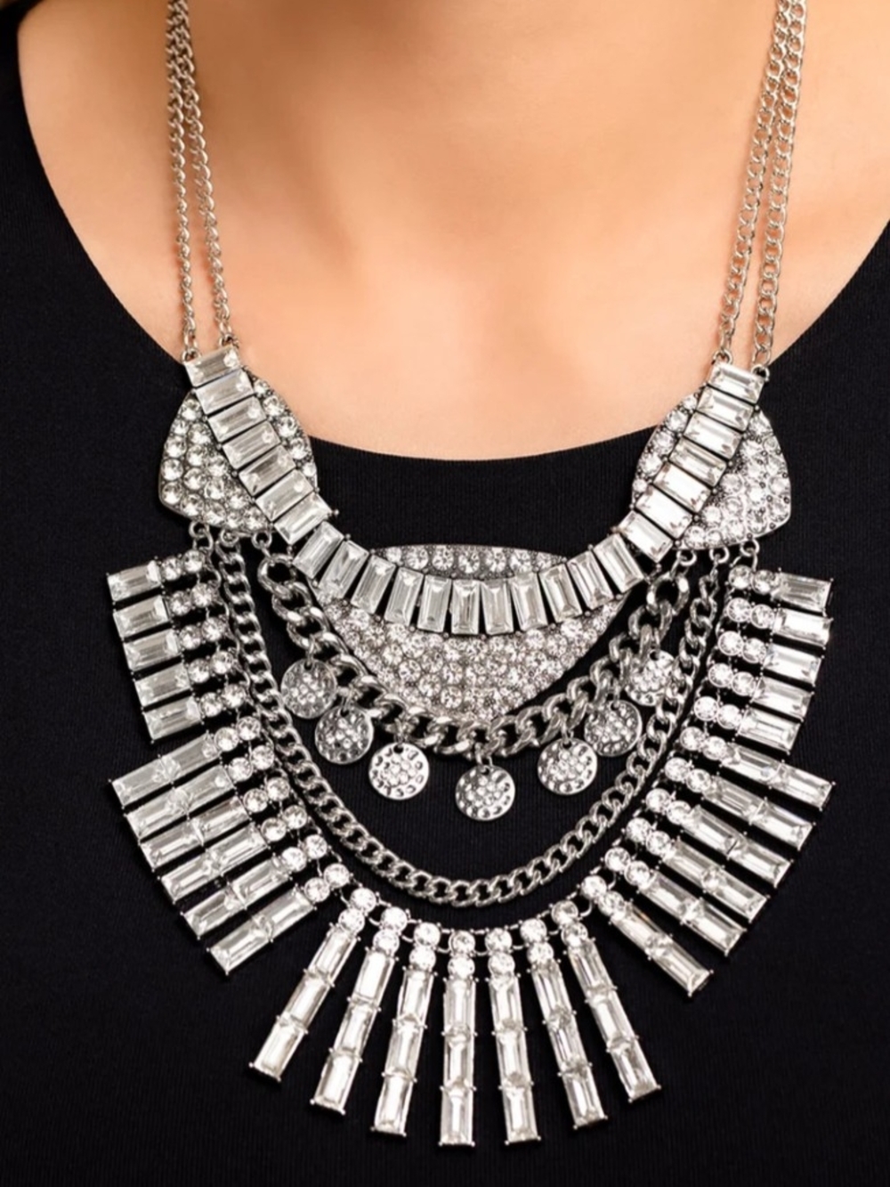 Paparazzi Nedra Silver Multi-Layer Crystal Fringe Necklace